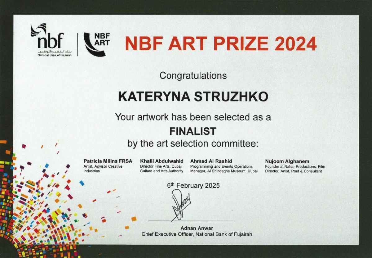 NBF Art Prize 2025 finalist certificate, Kateryna Struzhko contemporary artist Dubai