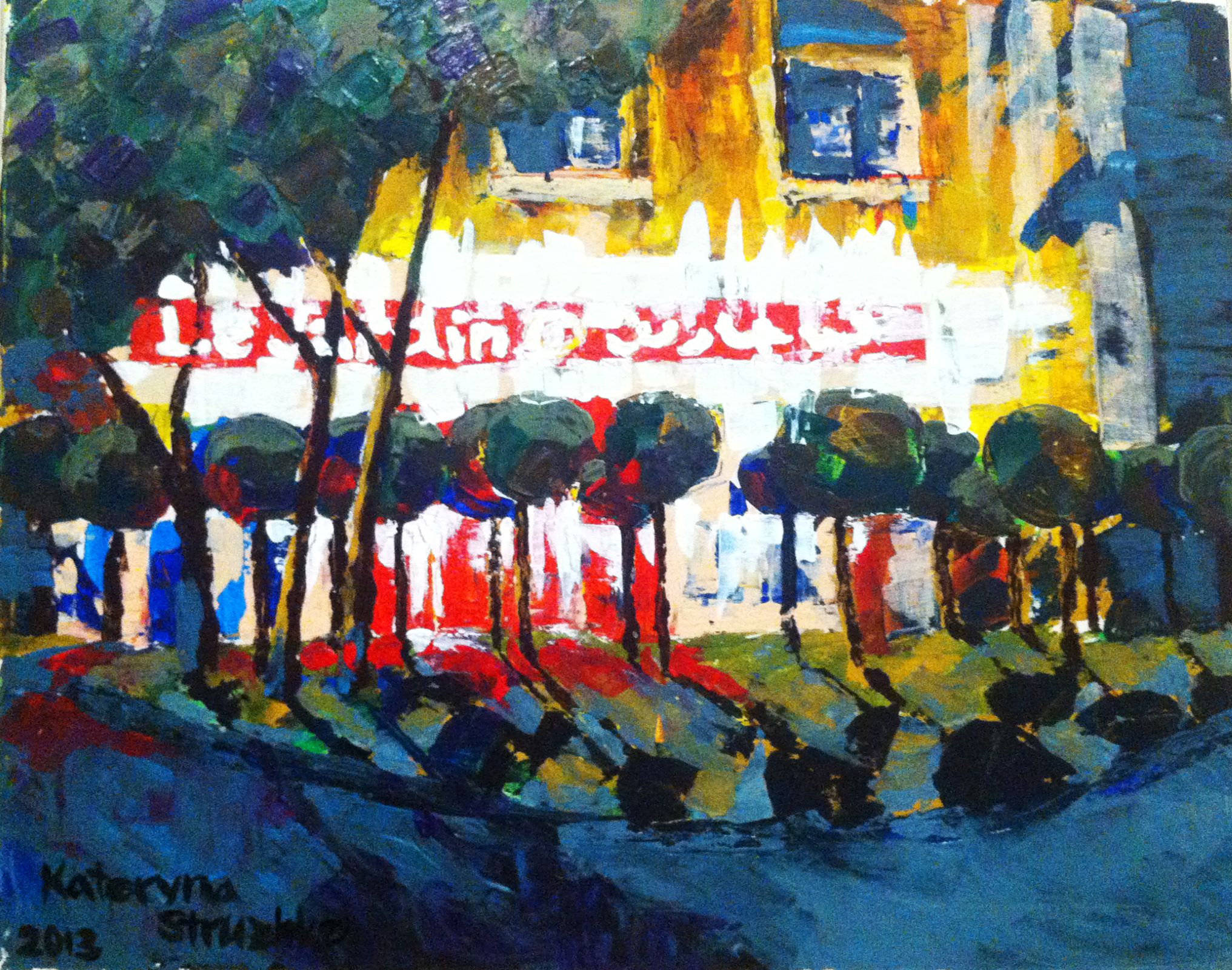 Le Jardin, night painting of Moroccan restaurant facade in Dubai with warm lighting and atmospheric street scene, 60x80 cm, contemporary architectural artwork by Kateryna Struzhko