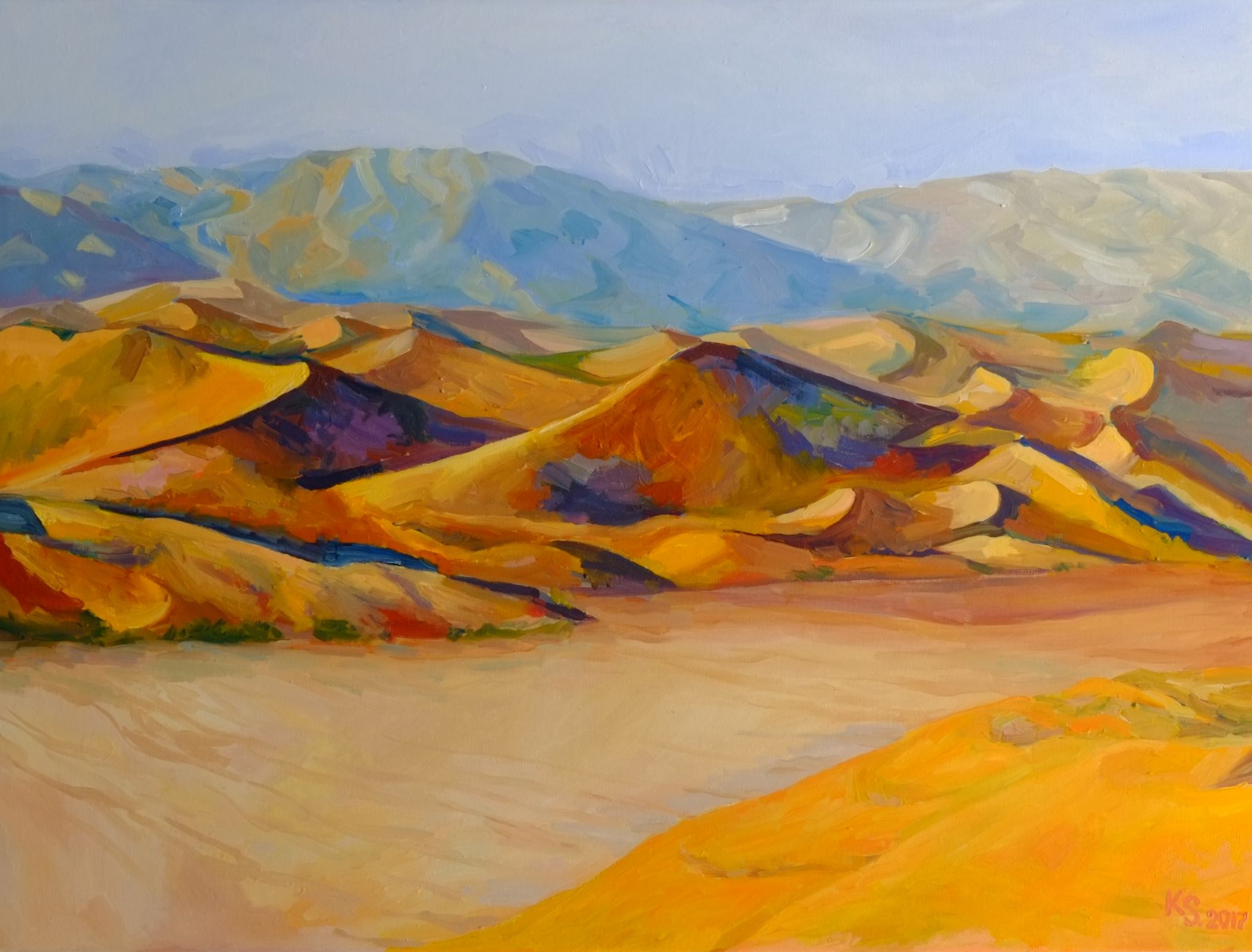 Eternity, oil painting of desert landscape with vast dunes and warm atmospheric light, 60x80 cm, contemporary landscape art by Kateryna Struzhko