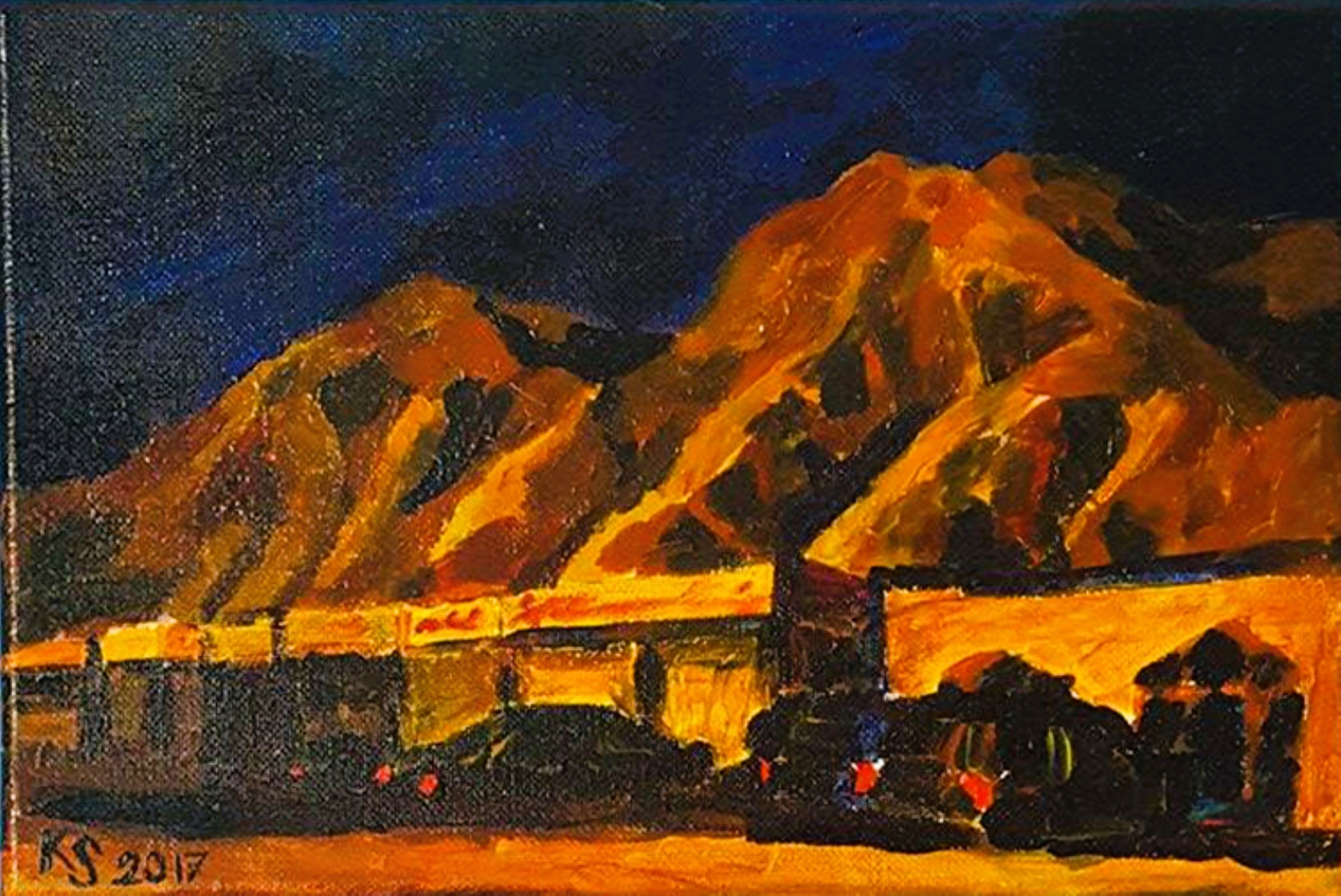 Hatta, acrylic painting of mountain landscape at night with yellow illuminated highlights, atmospheric desert scene, 21x30 cm, contemporary landscape art by Kateryna Struzhko
