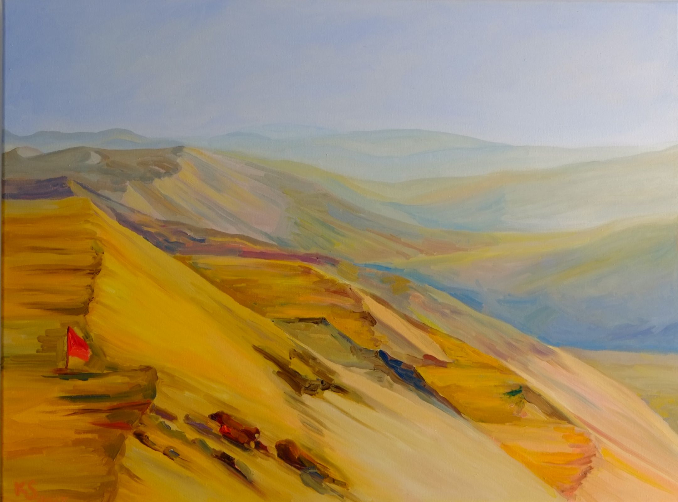Serenity, oil painting of calm desert landscape with soft dunes and gentle atmospheric light, 60x80 cm, contemporary landscape art by Kateryna Struzhko